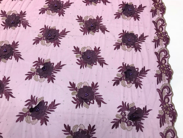 Plum 3d floral design embroidery with pearls and rhinestones with metallic tread on a mesh-dresses-fashion-prom-nightgown-sold by yard.