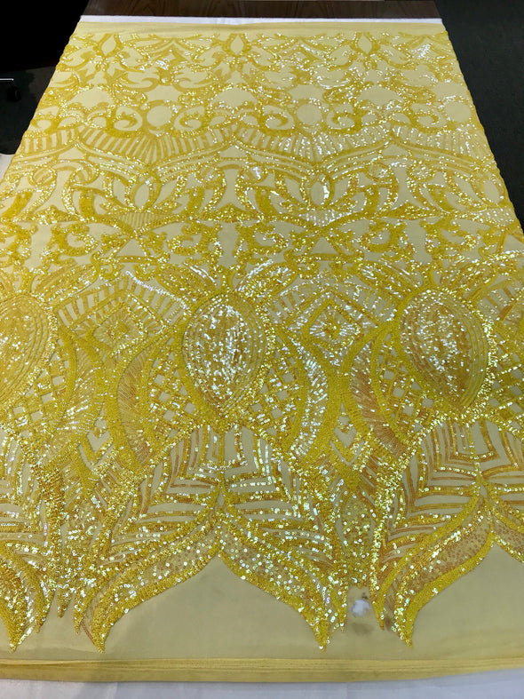 Yellow iridescent royalty design embroidery with sequins on a 4 way stretch mesh-dresses-fashion-prom-nightgown-apparel-sold by the yard.
