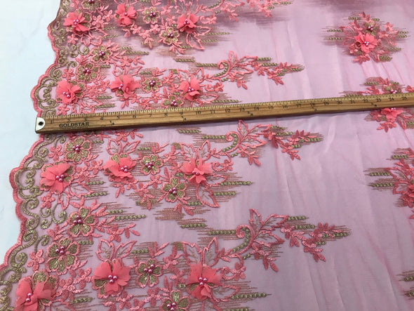 Coral metallic 3d chiffon floral design embroidery with pearls on a mesh lace-dresses-prom-nightgown-sold by yard-free shipping.