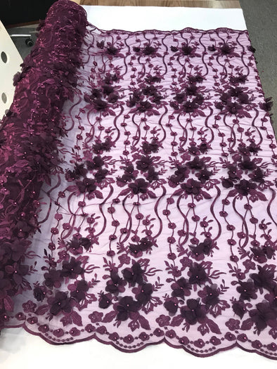 Plum 3d chiffon floral design embroidery with pearls on a mesh lace-dresses-fashion-prom-nightgown-sold by yard-free shipping.