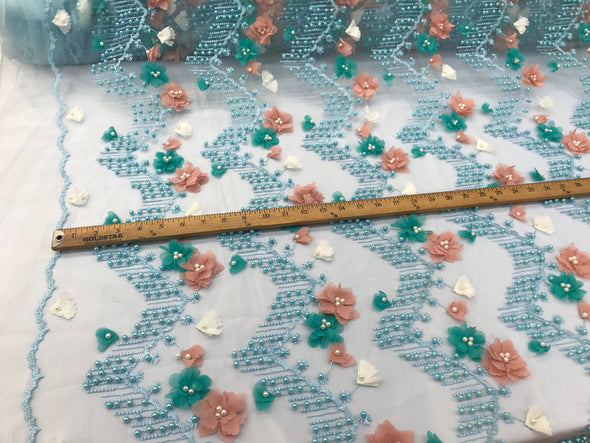 Aqua 3d multi color flowers embroidery with pearl chevron design on a mesh lace-dresses-fashion-prom-nightgown-sold by yard-free shipping.
