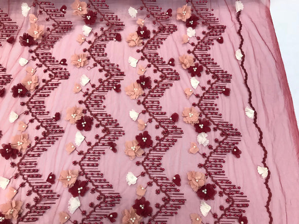 Burgundy 3d multi color chiffon flowers embroidery with pearls chevron design on a mesh-dresses-prom-nightgown-sold by yard-free shipping.