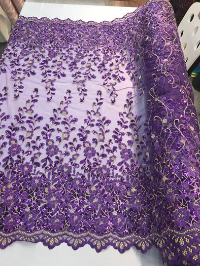 Purple floral design embroidery with gold metallic tread and sequins on a mesh lace-dresses-fashion-apparel-prom-nightgown-sold by the yard.
