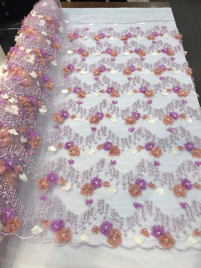 Lilac 3d multi color chiffon flowers embroidery with pearls chevron design on a mesh-dresses-prom-nightgown-sold by yard-free shipping.