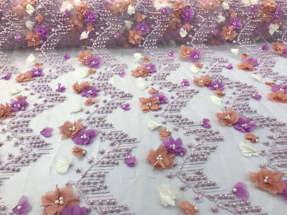 Lilac 3d multi color chiffon flowers embroidery with pearls chevron design on a mesh-dresses-prom-nightgown-sold by yard-free shipping.