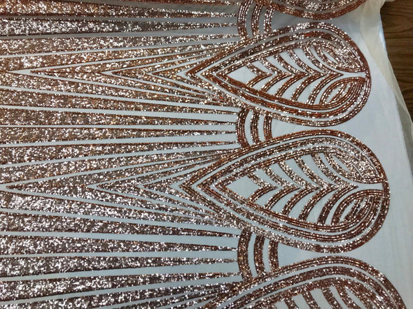 Rose gold shiny sequins geometric design embroidery on a nude mesh-dresses-prom-nightgown-sold by the yard-free shipping.