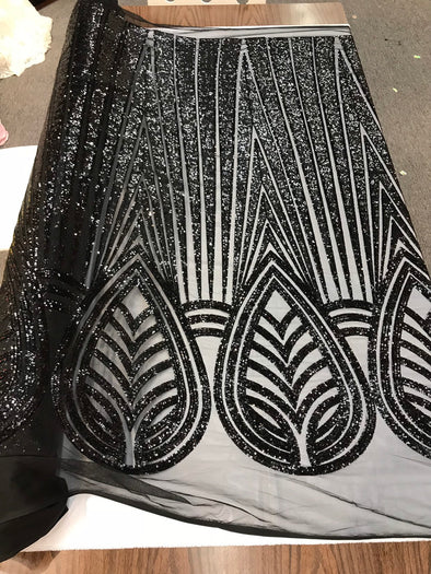 Black shiny sequins geometric design embroidery on a mesh-dresses-prom-nightgown-sold by the yard-free shipping.