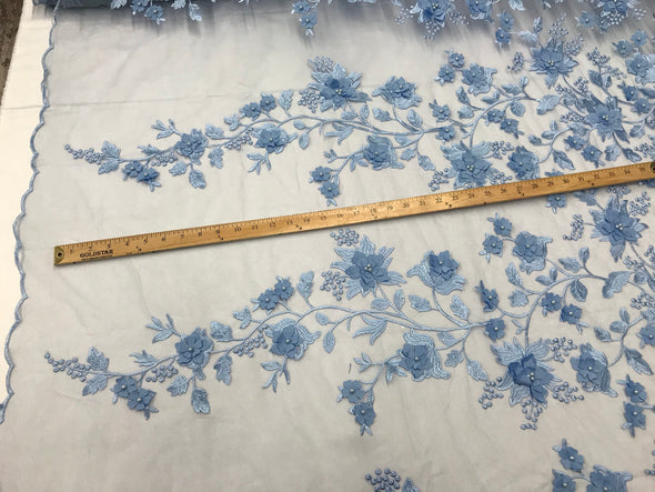 Periwinkle blue 3d floral design embroidery with pearls on a mesh lace-dresses-apparel-fashion-prom-nightgown-sold by the yard.