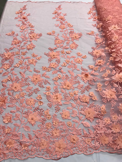 Coral-peach 3d floral design embroidery with pearls on a mesh lace-dresses-apparel-prom-fashion-nightgown-sold by the yard.
