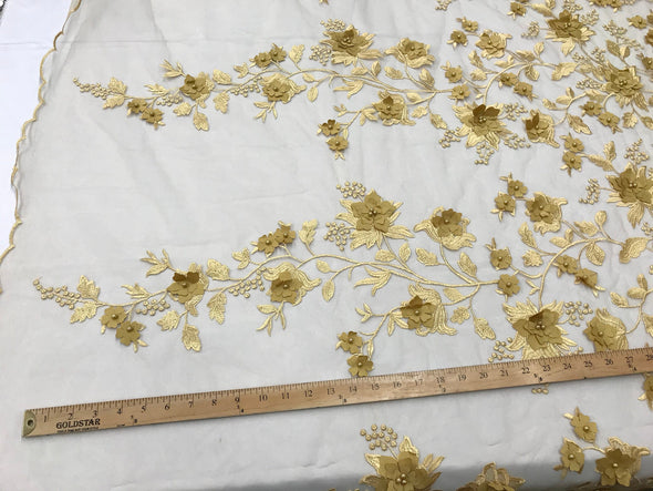 Gold 3d floral design embroidery with pearls on a mesh lace-dresses-apparel-fashion-prom-nightgown-sold by the yard.