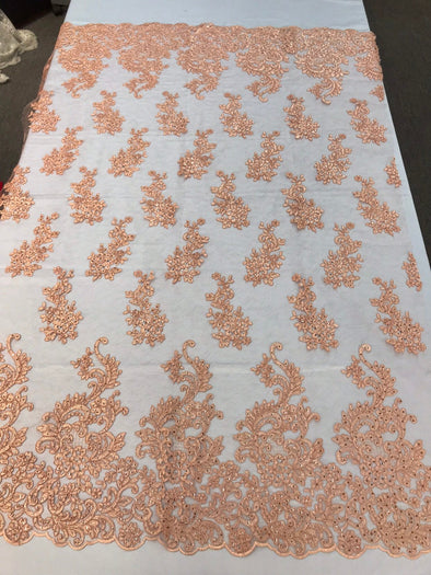 Peach sequin lace with cord embroidery flowers on a texture mesh-dresses-fashion-prom-nightgown-sold by the yard-free shipping.
