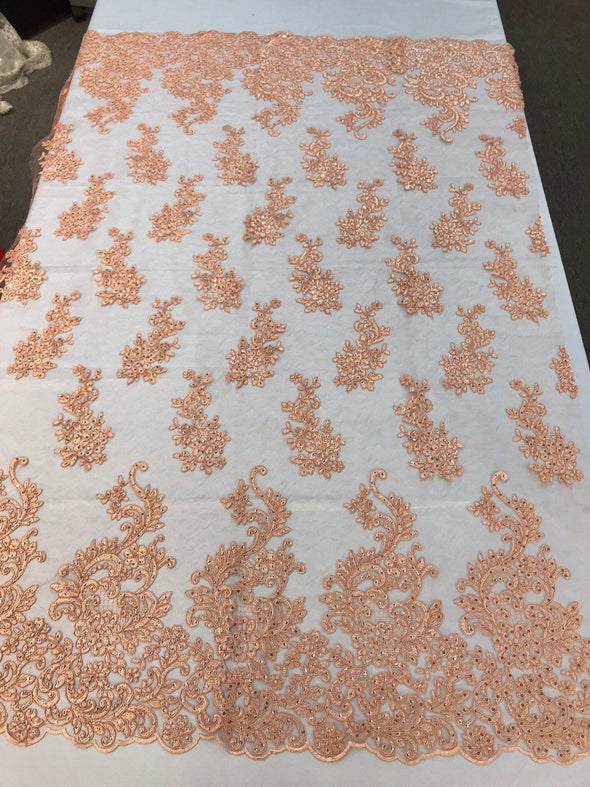 Peach sequin lace with cord embroidery flowers on a texture mesh-dresses-fashion-prom-nightgown-sold by the yard-free shipping.