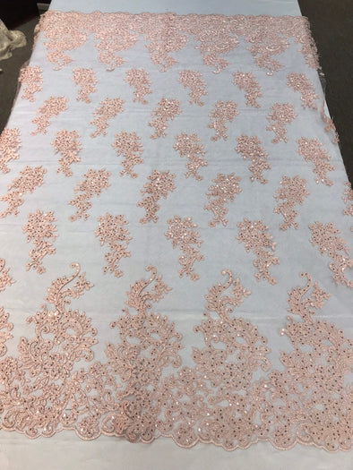 Blush peach sequin lace with cord embroidery flowers on a texture mesh-dresses-fashion-prom-nightgown-sold by the yard-free shipping