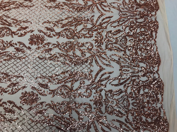Blush peach shiny sequin damask design embroidery on a 4 way stretch mesh-dresses-prom-nightgown-sold by the yard.free shipping.