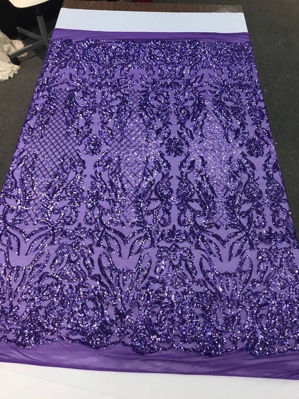 Lavender shiny sequin damask design embroidery on a 4 way stretch mesh-dresses-prom-nightgown-sold by yard-free shipping