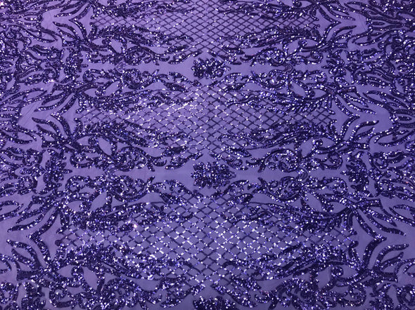 Lavender shiny sequin damask design embroidery on a 4 way stretch mesh-dresses-prom-nightgown-sold by yard-free shipping