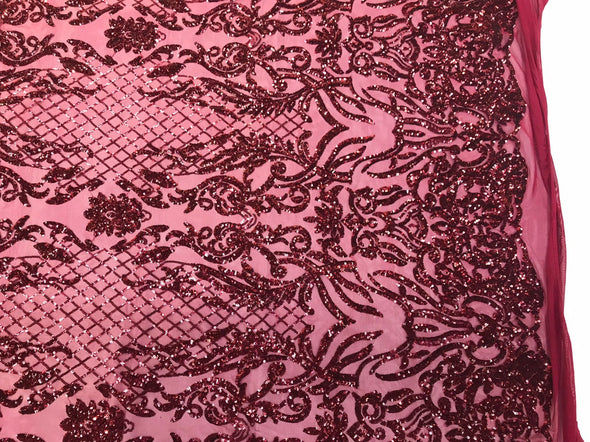 Burgundy shiny sequin damask design embroidery on a 4 way stretch mesh-dresses-prom-nightgown-sold by the yard-free shipping.