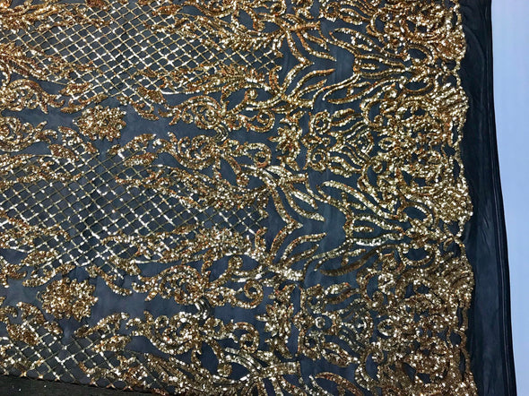 Gold shiny sequin damask design embroidery on a 4 way stretch black mesh-dresses-fashion-prom-nightgown-sd by the yard-free shipping.