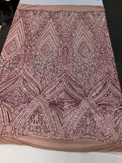 Dusty rose Sequin diamond design embroidery on a 4 way stretch mesh-dresses-fashion-prom-nightgown-sold by the yard-free shipping
