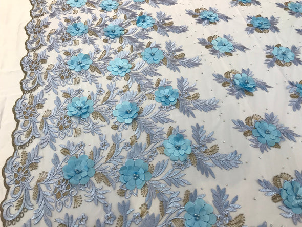 Light blue 3d floral design embroidery with pearls and rhinestones with metallic tread on a mesh lace-dresses-prom-nightgown-fashion-by yard