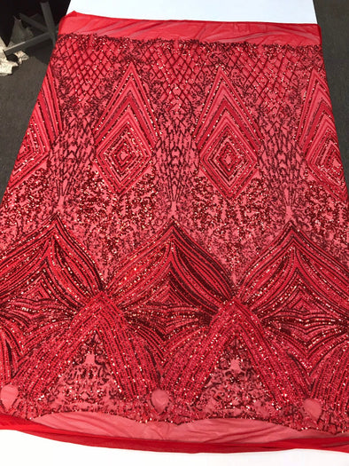 Red sequin diamond design embroidery on a 4 way stretch mesh-dresses-fashion-prom-nightgown-sold by yard-free shipping .