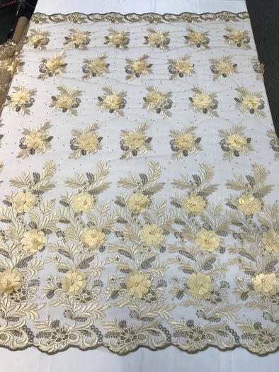 Champagne 3d floral design embroidery with pearls and rhinestones with metallic tread in a mesh-dresses-fashion-prom-nightgown-sold by yard.