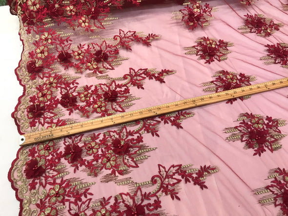 Burgundy metallic 3d chiffon floral design and pearls on a mesh lace-dresses-fashion-prom-nightgown-apparel-sold by the yard-free shipping--