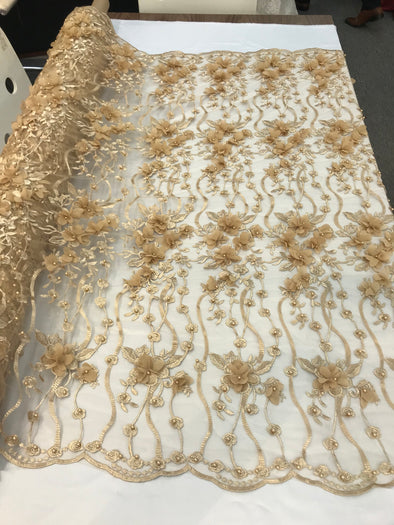 Gold 3d chiffon floral design embroidery with pearls on a mesh lace-dresses-fashion-prom-nightgown-sold by yard-free shipping.