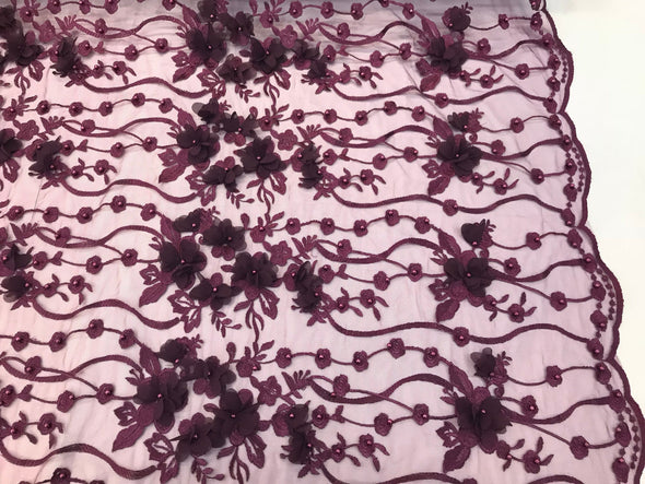 Plum 3d chiffon floral design embroidery with pearls on a mesh lace-dresses-fashion-prom-nightgown-sold by yard-free shipping.
