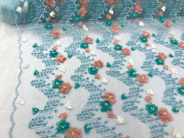 Aqua 3d multi color flowers embroidery with pearl chevron design on a mesh lace-dresses-fashion-prom-nightgown-sold by yard-free shipping.