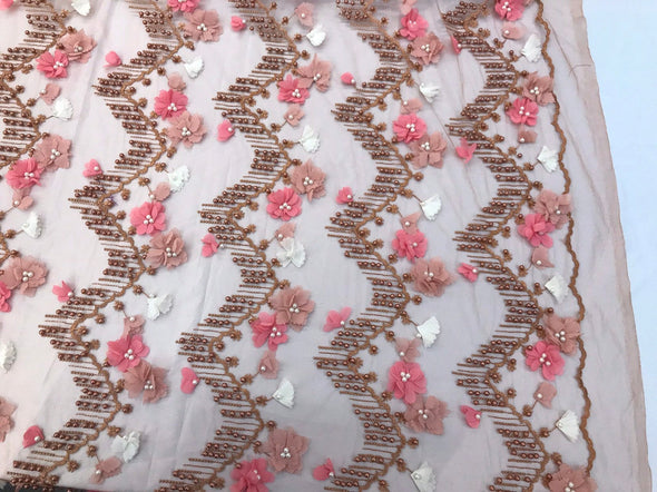 Rust 3d multi color chiffon flowers embroidery with pearls chevron design on a mesh lace-dresses-prom-nightgown-sold by yard-free shipping.