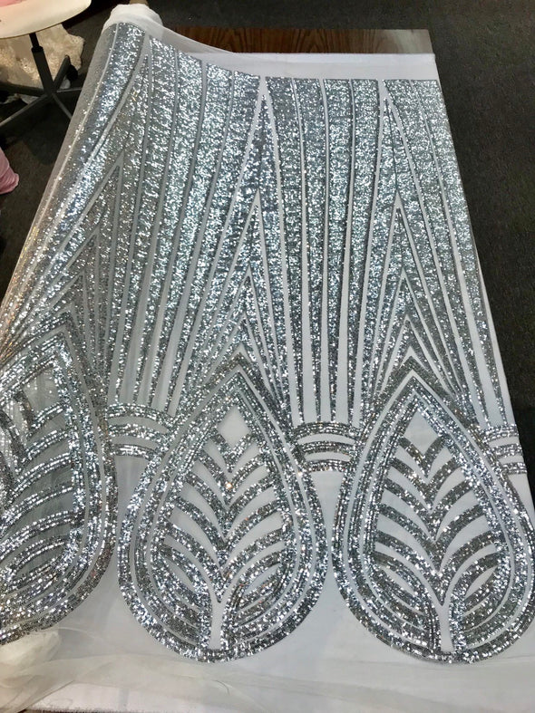 Silver shiny sequins geometric design embroidery on a white mesh-dresses-prom-nightgown-sold by yard-free shipping.