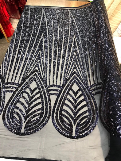 Navy blue shiny sequins geometric design embroidery on a mesh-dresses-prom-nightgown-sold by yard-free shipping.