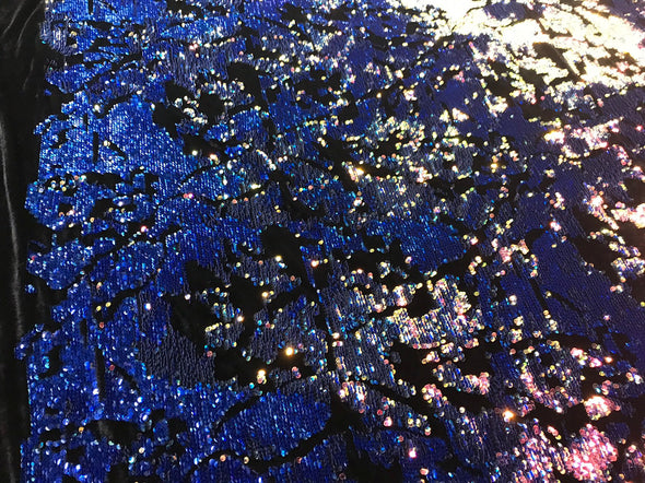 Royal blue iridescent and reversible sequins embroidery on a black 4 way stretch velvet-dresses-fashion-sold by the yard-free shipping USA.