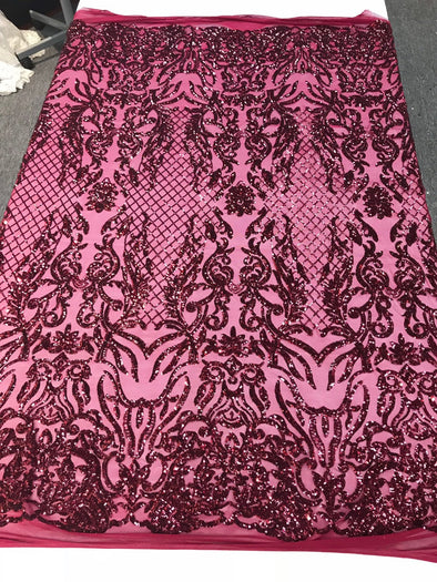Burgundy shiny sequin damask design embroidery on a 4 way stretch mesh-dresses-prom-nightgown-sold by the yard-free shipping.