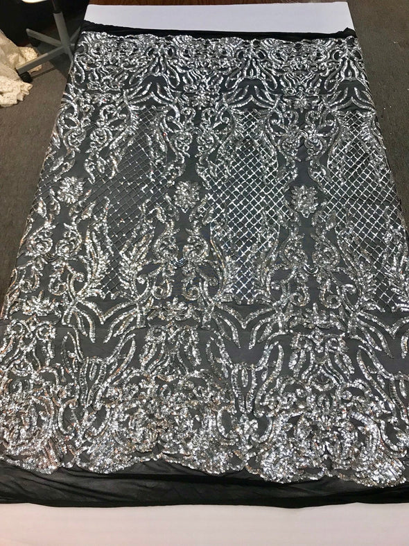 Silver shiny sequin damask design embroidery on a 4 way stretch black mesh-dresses-fashion-prom-nightgown-sold by yard-free shipping.