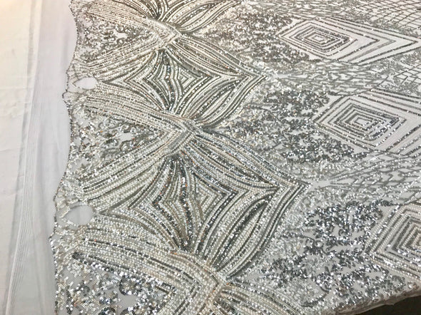Silver sequin diamond design embroidery on a 4 way stretch white mesh-dresses-fashion-prom-nightgown-sold by the yard-free shipping.