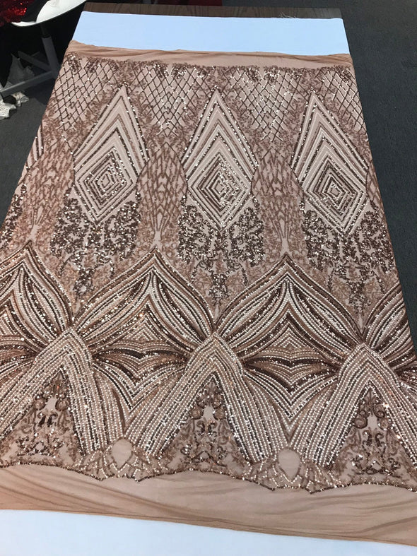 Khaki-nude sequin diamond design embroidery on a 4 way stretch mesh-dresses-fashion-prom-nightgown-sold by yard-free shipping.