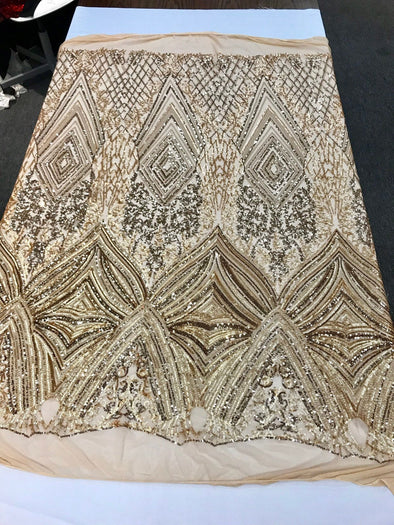 Gold sequin diamond design embroidery on a 4 way stretch mesh-dresses-prom-fashion-nightgown-sold by the yard-free shipping.