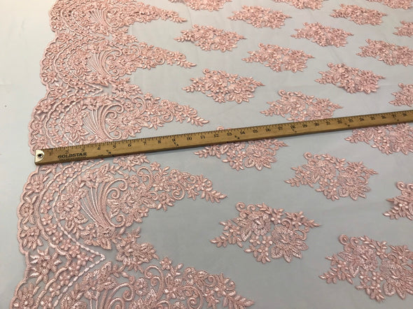 Pink floral design embroidery on a mesh lace with cord-dresses-fashion-prom-nightgown-apparel-sold by the yard-free shipping in the usa-