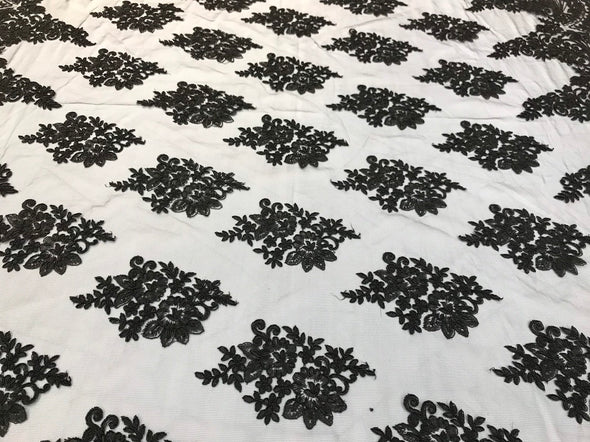 Black floral design embroidery on a mesh lace with cord-dresses-fashion-prom-apparel-nightgown-sold by the yard-free shipping in the usa-