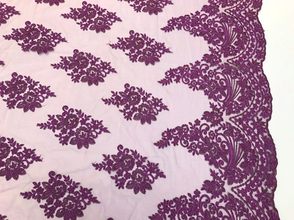 Purple floral design embroidery on a mesh lace with cord-dresses-fashion-prom-nightgown-apparel-sold by the yard-free shipping in the usa-