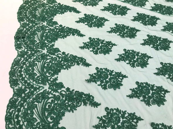 Dark green floral design embroidery on a mesh lace with cord-dresses-fashion-prom-nightgown-sold by the yard-free shipping in the usa-