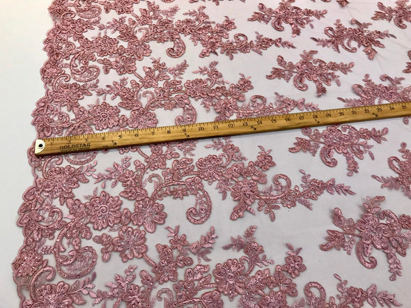 Dusty rose floral design embroidery on a mesh lace with sequins and cord-dresses-fashion-prom-nightgown-sold by the yard-free shipping USA.