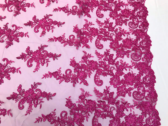 Fuchsia floral design embroidery on a mesh lace with sequins and cord-dresses-fashion-prom-nightgown-sold by the yard-free shipping in USA-