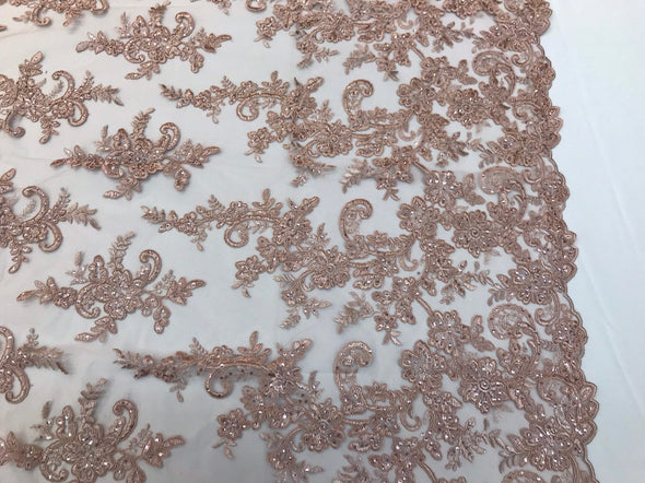 Nude floral design embroidery on a mesh lace with sequins and cord-dresses-fashion-prom-nightgown-sold by the yard-free shipping in the USA-