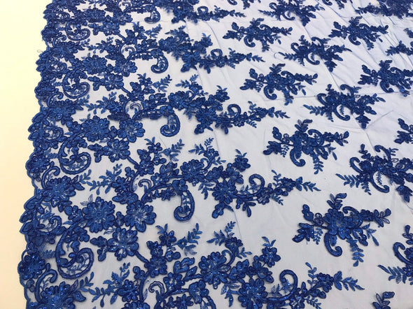 Royal blue floral design embroidery on a mesh lace with sequins and cord-dresses-fashion-prom-nightgown-sold by the yard-free shipping USA-
