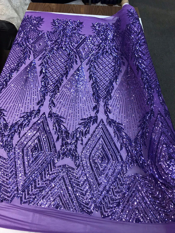 Lavender geometric diamond design with shiny sequins on a 4 way stretch mesh-dresses-peom-nightgown-sold by the yard-free shipping in USA-