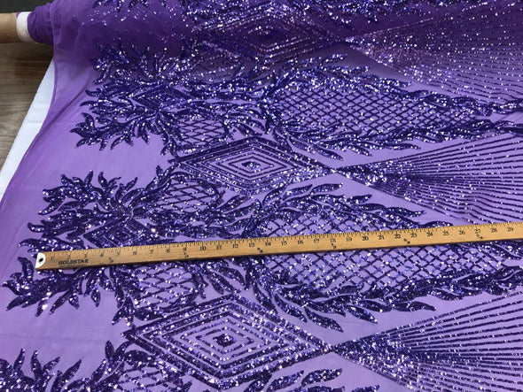 Lavender geometric diamond design with shiny sequins on a 4 way stretch mesh-dresses-peom-nightgown-sold by the yard-free shipping in USA-