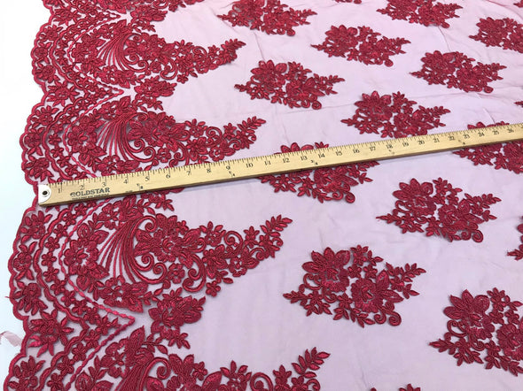 Burgundy floral design embroidery on a mesh lace with cord-fashion-prom-apparel-fashion-nightgown-sold by the yard-free shipping in the usa-